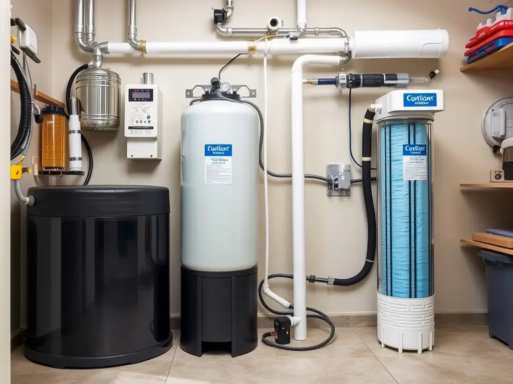 A whole-house water filtration system installed in a utility room, showing its comprehensive coverage and integration with the home's plumbing. The image conveys the idea of complete water purification for the entire household.